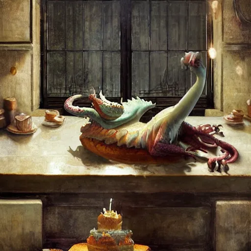 Image similar to Dragon with body of cake, sleeping on the kitchen counter of a magical bakery, oil painting, by Fernanda Suarez and and Edgar Maxence and greg rutkowski