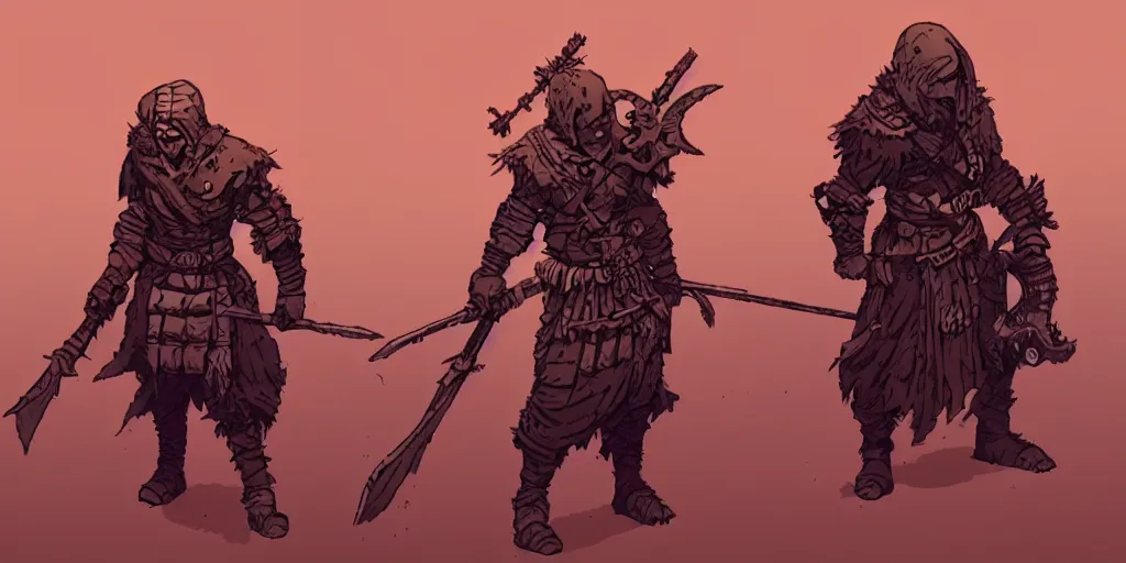 Image similar to warrior character design, idle, colored, sprite, darkest dungeon, pc game, sideview, art by moebius and greg rutkowski.