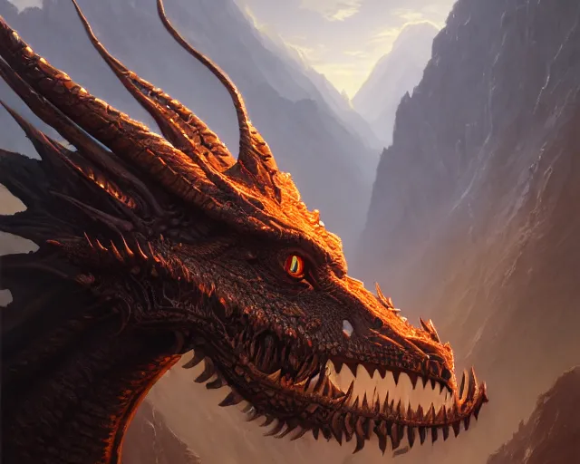 Prompt: highly detailed portrait of a dragon, in skyrim, stephen bliss, unreal engine, fantasy art by greg rutkowski, loish, rhads, ferdinand knab, makoto shinkai and lois van baarle, ilya kuvshinov, rossdraws, tom bagshaw, global illumination, radiant light, detailed and intricate environment