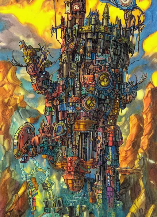 Prompt: detailed colorful comic book drawing of a mechanical fantasy castle in the sky by randy vargas and simon bisley and jack kirby