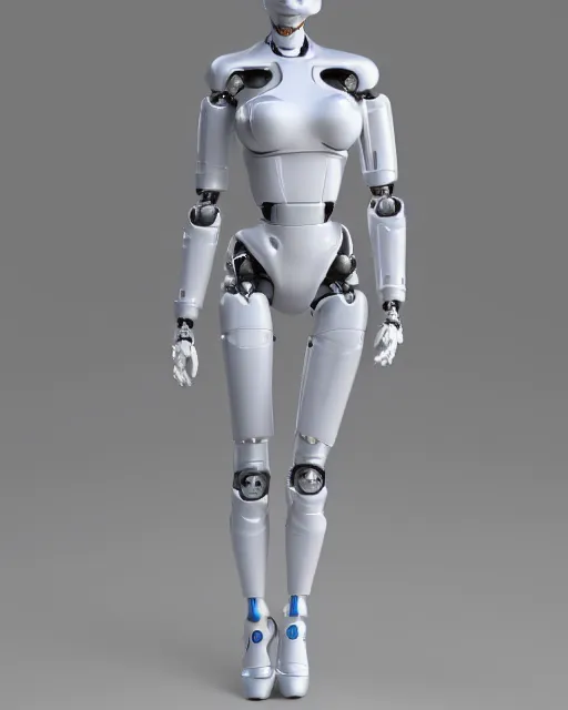 Prompt: full body 3 d render of a humanid female robot, latexб studio lighting, white background, no shadow, blender, trending on artstation, 8 k, highly detailed