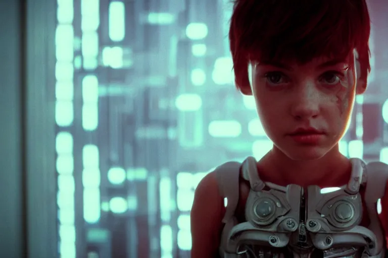 Image similar to cinematography closeup portrait of a cyborg girl in a cyberpunk apartment by Ridley Scott