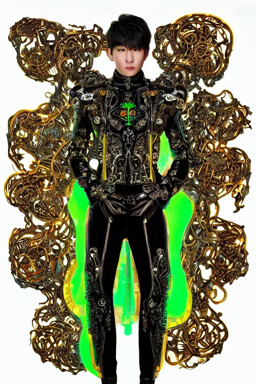Image similar to full-body bladerunner neon baroque style sculpture of a young handsome Korean prince as a half cibernetic android with a chest opening exposing circuitry and electric sparks, glowing laser beam eyes, crown of giant neon diamonds, flowing neon green colored silk, fabric, raptors. baroque elements. full-length view. mechanical gear neon flowers. intricate artwork by caravaggio. black screen panel for a face. Trending on artstation, octane render, cinematic lighting from the right, hyper realism, octane render, 8k, depth of field, 3D