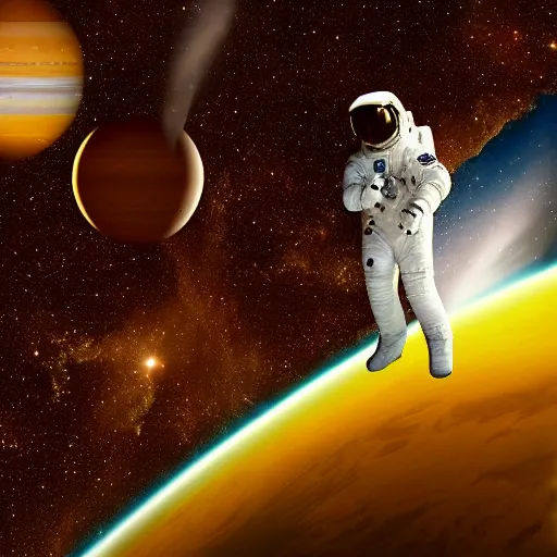 Image similar to astronaut in space, galactic background reflections on suit on one side and a yellow planet on the other side