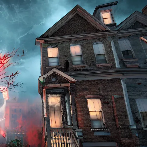 Prompt: huge zombie destroying houses in new york. Hyperrealistic, intense lightning, octane render, unreal engine 5 render