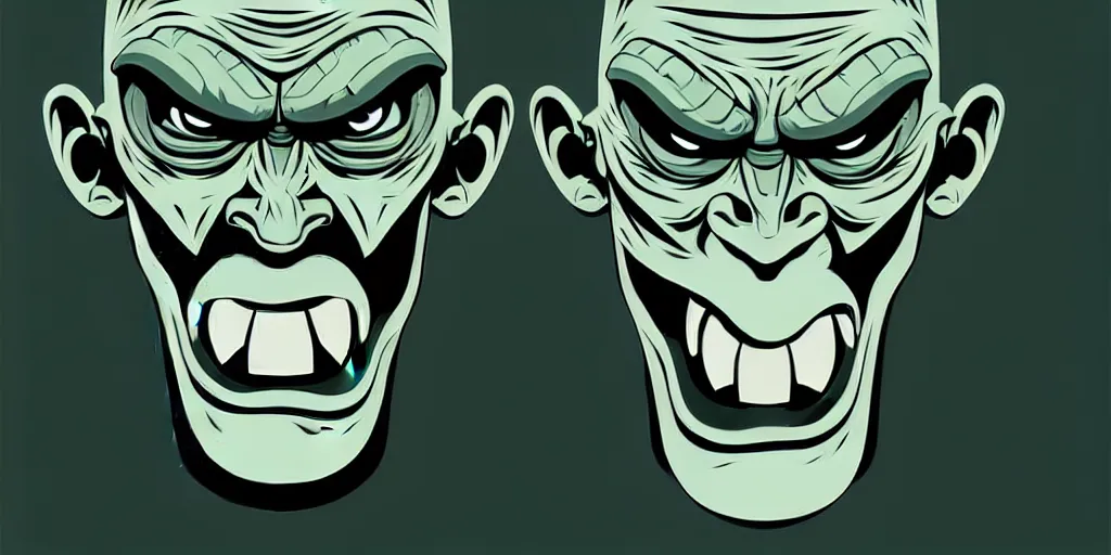 Prompt: angry monster character design, head and shoulders portrait, vector art, illustration, cel shaded, 2 d, digital art, sharp focus, stylized, illustration, art by mike mignola