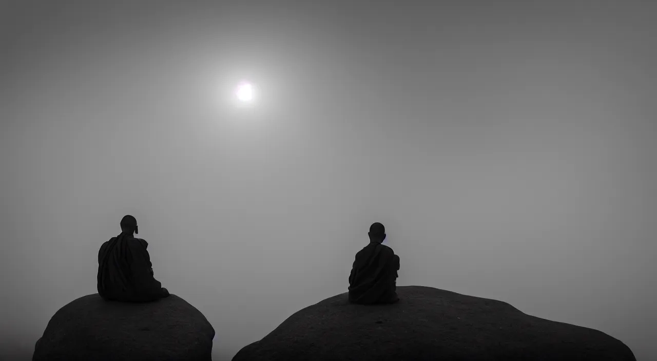 Image similar to a lonely silhouette of a meditating monk sitting in the fog on a stone protruding from the water in the rays of the morning sun, the focus of the camera on the monk, matthew snowden style.