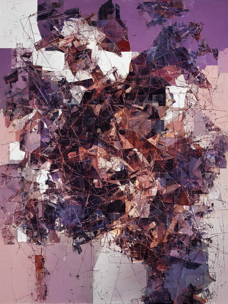 Prompt: a beautiful glitched square geometric painting by robert proch and emilio pettoruti of an anatomy study of the human nervous system on top of white rectangle shapes, color bleeding, pixel sorting, copper oxide and rust materials, brushstrokes by jeremy mann, dramatic lighting, pastel purple background