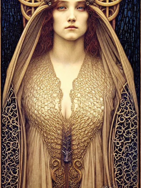 Image similar to detailed realistic beautiful young medieval queen face portrait by jean delville, gustave dore and marco mazzoni, art nouveau, symbolist, visionary, gothic, pre - raphaelite. horizontal symmetry