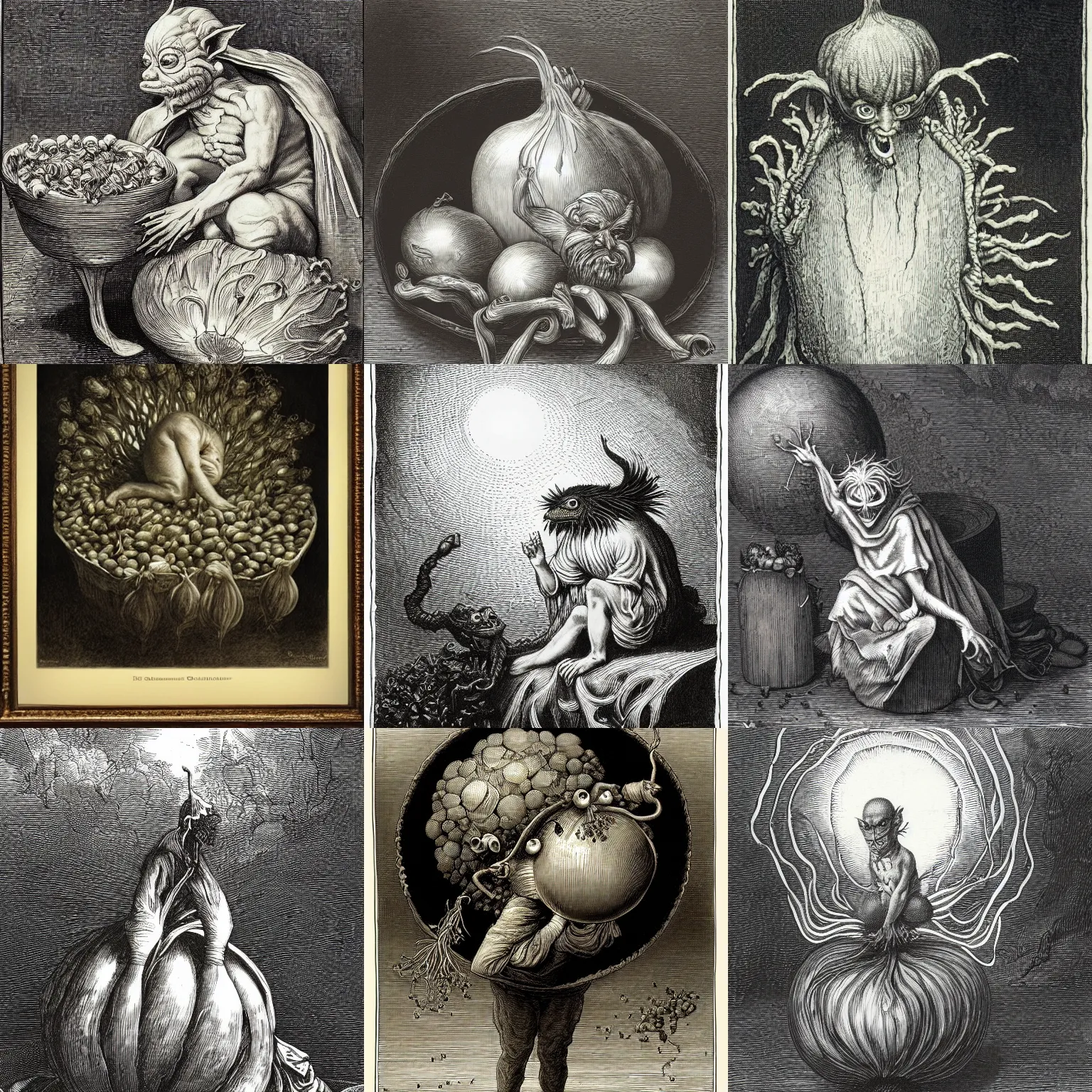Prompt: onion gremlin in the style of Gustave Dore, surrounding onions, trending