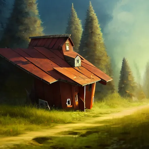 Image similar to a walking wood and metal house with two legs and one big eye, smoky chimney, rust, hyperrealistic, highly detailed, cinematic, single ray of sun, morning, pareidolia, gravity falls style, disney, ghibli, beautiful, pine trees in the background, cgssociety, artstation, 8 k, oil painting, digital art