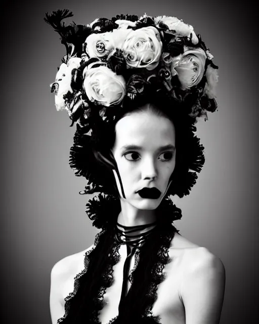 Prompt: dreamy surreal poetic black and white photo of a beautiful young bio-mechanical-female-jellyfish-cyborg-plastic-robot with a very long neck and a super big gothic lace collar and a very high big floral crown with many black dry roses by Vivienne Westwood:: smoke, high fashion, haute couture, rococo, avant-garde, elegant, dreamy, hyper realistic, 150 mm lens, soft rim light, octane render, unreal engine, picture was taken in 1910 by Dora Maar, volumetric lighting, dramatic light,8k,