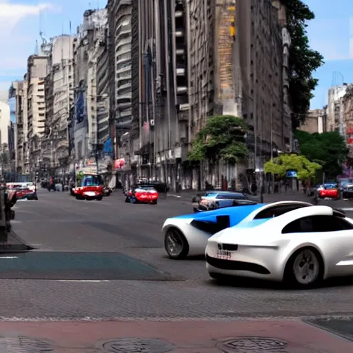 Image similar to Buenos Aires Argentina, futuristic cars in the street, holograms in the street, detailed, hd