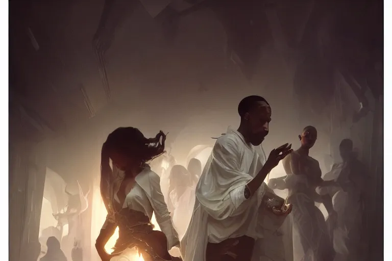 Prompt: a hyperrealistic render of people in white circulating a black alien cube, worship, حريّة, by Artgerm,Greg Rutkowski,Alphonse Mucha, Beautiful dynamic dramatic dark moody lighting,shadows,cinematic atmosphere,Artstation,concept design art,Octane render,8K