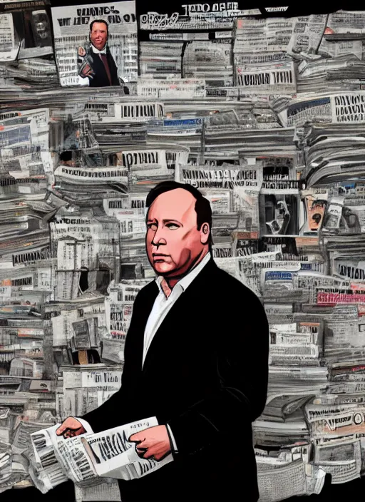 Image similar to sad alex jones surrounded by newspapers in a dark murky room, highdetailed illustration