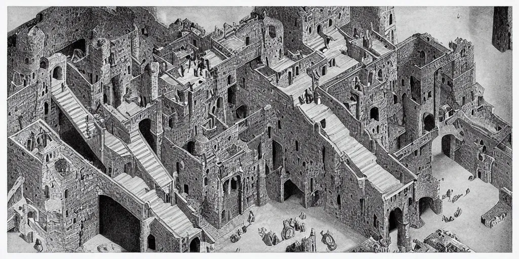 Prompt: an ancient castle with many interconnected stairs, by M.C. Escher