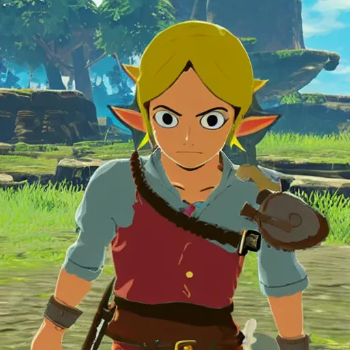 Image similar to a screencap of the legend of zelda breath of the wild, of one piece's luffy in breath of the wild