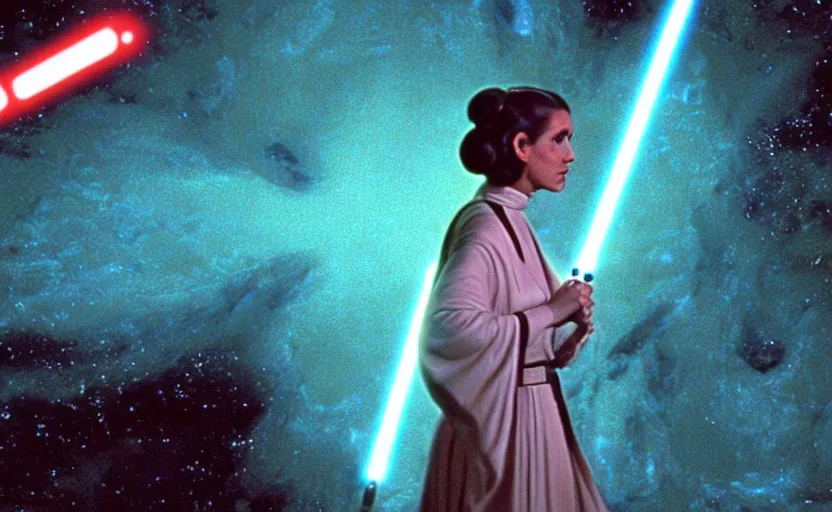 Image similar to screenshot portrait of Princess Leia using her lightsaber on a strange planet of maelstrom, chaos, the world without form and void, 1970s film by Stanley Kubrick, iconic scene, HR Geiger design, stunning cinematography, octane render, hyper-detailed, sharp, anamorphic lenses, kodak color, 4k, stunning