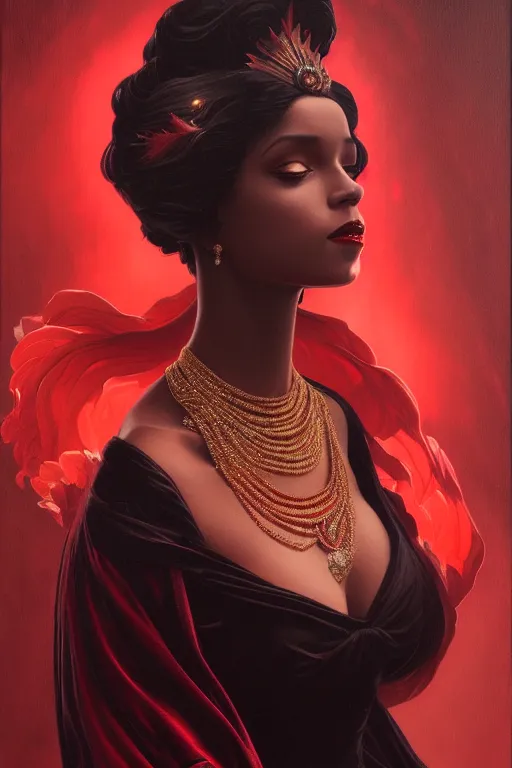 Prompt: highly detailed oil painting, red ombre velvet gown, beautiful elegant demon queen, dark deep black skin, beautiful face by leyendecker, black feathers, long hair, dozens of jeweled necklaces, by greg rutkowski, brom, anato finnstark, alphonse mucha, cinematic lighting,