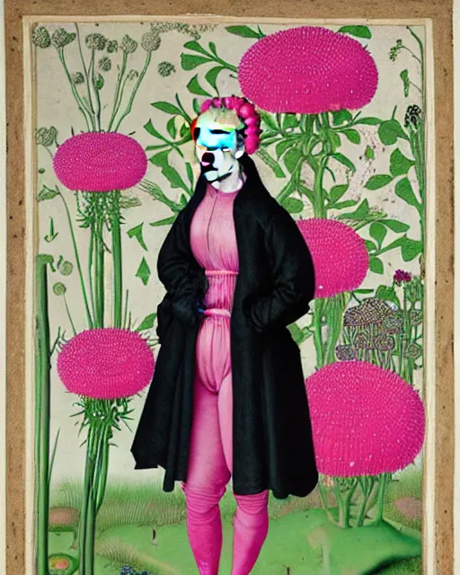 Image similar to portrait of a woman with pink hair buns, wearing a green puffer jacket and baggy jeans, standing in a garden full of plants and flowers, white background, intricate details, high detail, in the style of rogier van der weyden and jacopo da pontormo, punk, asian art,