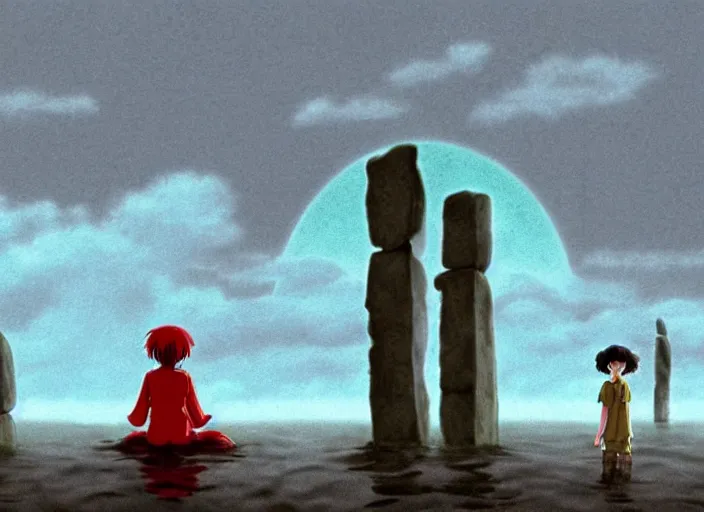 Image similar to a realistic cell - shaded studio ghibli concept art from paprika ( 2 0 0 6 ) of a floating alien from close encounters of the third kind ( 1 9 7 7 ) and a grey witch meditating on top of a pillar in a flooded stonehenge on a misty starry night. very dull colors, hd, 4 k, hq