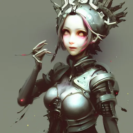 Image similar to matte painting, by yoshitaka amano, by ruan jia, by conrad roset, by good smile company, detailed anime 3d render of a 27yo female jester android, portrait, cgsociety, artstation, quirky mechanical costume and grand headpiece, surreal mystical atmosphere