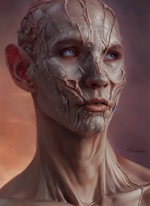 Image similar to half demon half human intricate skin man, elegant, peaceful, full body, white horns, hyper realistic, extremely detailed, dnd character art portrait, fantasy art, intricate fantasy painting, dramatic lighting, vivid colors, deviant art, artstation, by edgar maxence and caravaggio and michael whelan and delacroix.