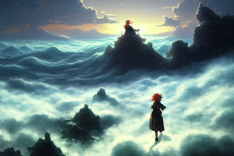 Image similar to baroque oil painting anime key visual concept art of wanderer above the sea of fog 1 8 1 8 with anime maid, brutalist, dark fantasy, rule of thirds golden ratio, fake detail, trending pixiv fanbox, acrylic palette knife, style of makoto shinkai studio ghibli genshin impact jamie wyeth james gilleard greg rutkowski chiho aoshima