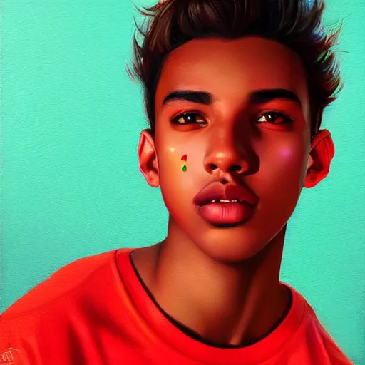 Image similar to colorful and festive captivating teenager with straight brown hair covering his eye, dark skin, big lips, wearing a red t - shirt. rich vivid colors, ambient lighting, dynamic lighting, 4 k, atmospheric lighting, painted, intricate, highly detailed by charlie bowater