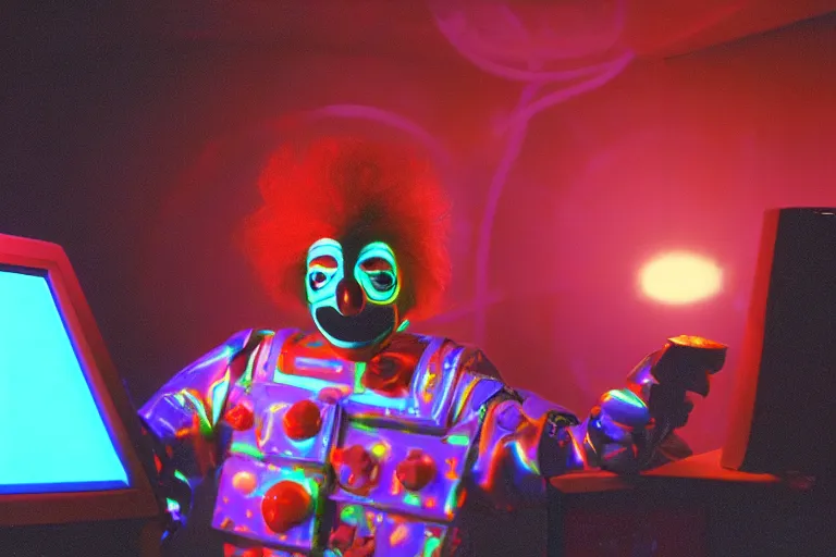 Image similar to friendly robo - clown emerging from a space portal in cyberspace, fractal, in 1 9 8 5, y 2 k cutecore clowncore, bathed in the glow of a crt television, crt screens in background, low - light photograph, in style of tyler mitchell