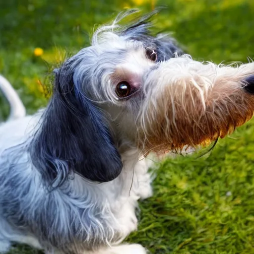 Prompt: photo of an elderly light gray overweight wire-haired dachshund with long hair floating in heaven, blue sky, white clouds