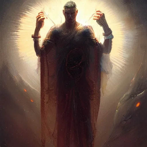 Prompt: portrait of the god of light and protection, oil on canvas, greg rutkowski