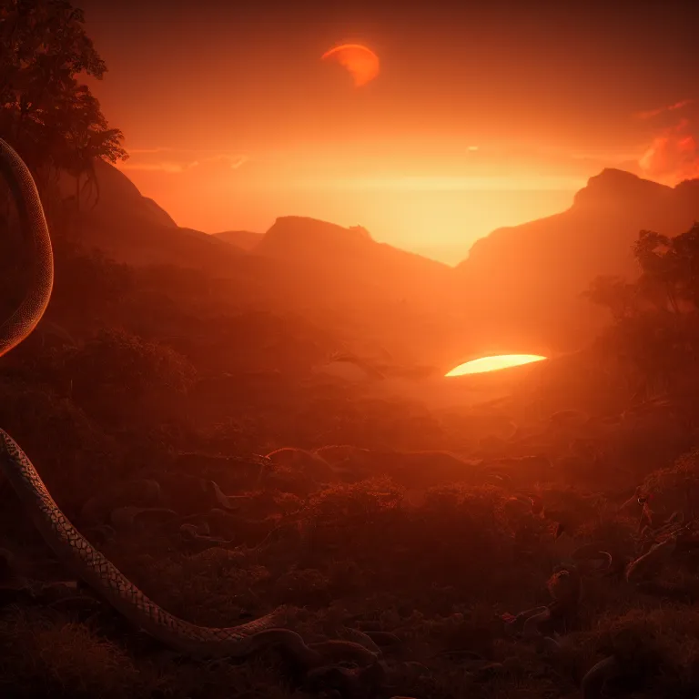 Prompt: a cinematic shot of sunset with a million snakes, octane render, volumetric lighting, nvidia raytracing demo, by Andy Thomas, Mario Martinez, Daniel Mirante, Gustave Dore, Artstation, CGsociety, masterpiece