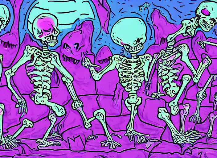 Prompt: skeleton rave in hell, digital art