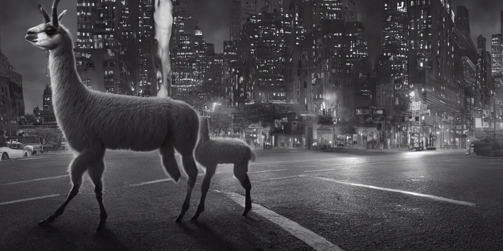 Image similar to a llama walking through a desolate manhattan city street at night, statue of liberty seen in the background, realistic 4 k octane beautifully detailed render, 4 k post - processing, highly detailed, intricate complexity, epic composition, magical atmosphere, cinematic lighting, masterpiece, ultra hd