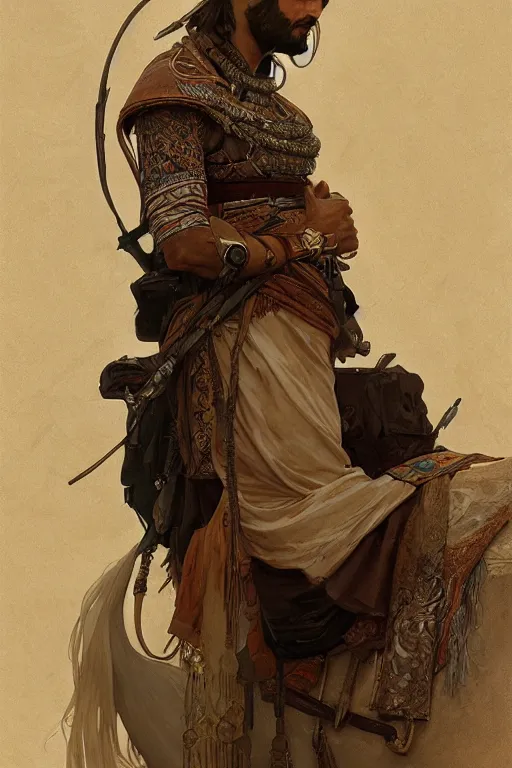 Image similar to A full portrait of an ancient arabian scout, intricate, elegant, highly detailed, digital painting, artstation, concept art, smooth, sharp focus, illustration, art by Krenz Cushart and Artem Demura and alphonse mucha