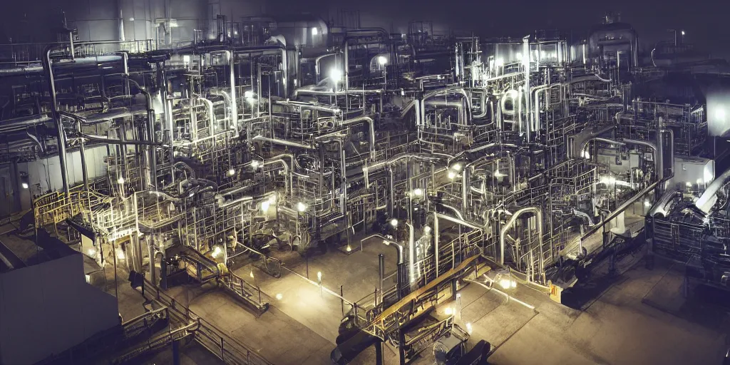 Prompt: hyper realistic oil pipes processing plant at night under the rain