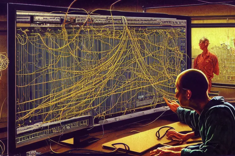 Prompt: photo of node visual language and programmer shaped of wires, coder web of wires on big monitor, mid shot, norman rockwell, tim hildebrandt, viktor safonkin, dariusz zawadzki, bruce pennington, larry elmore, intricate details, hyperrealistic oil painting on canvas, deep depth field