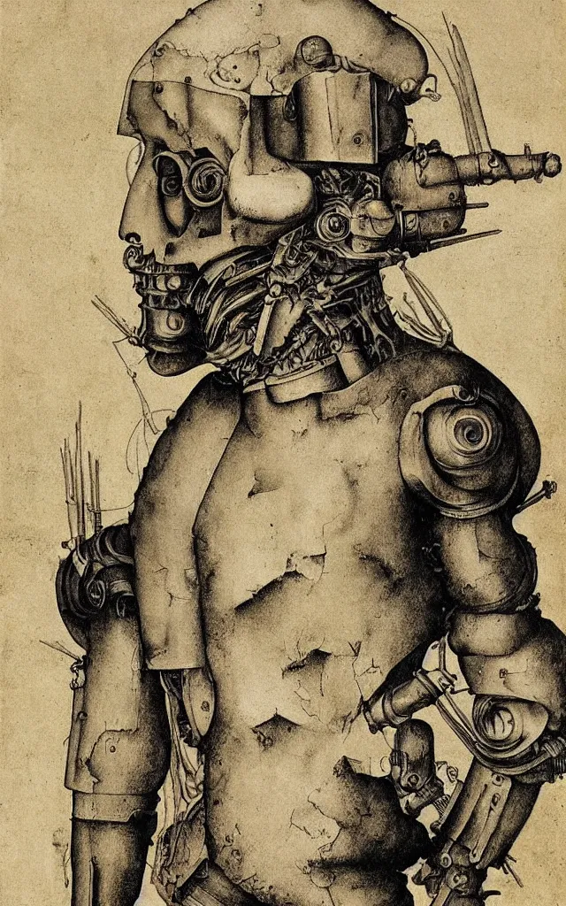 Image similar to a cyborg, muted colors, by albrecht durer