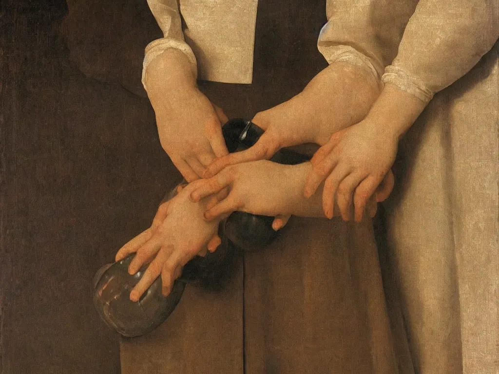 Prompt: Close up of hands holding a water jug. Painting by Zurbaran.