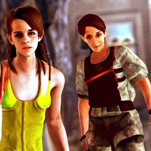 Image similar to Screenshot of Emma Watson in Descent (1995) video game,