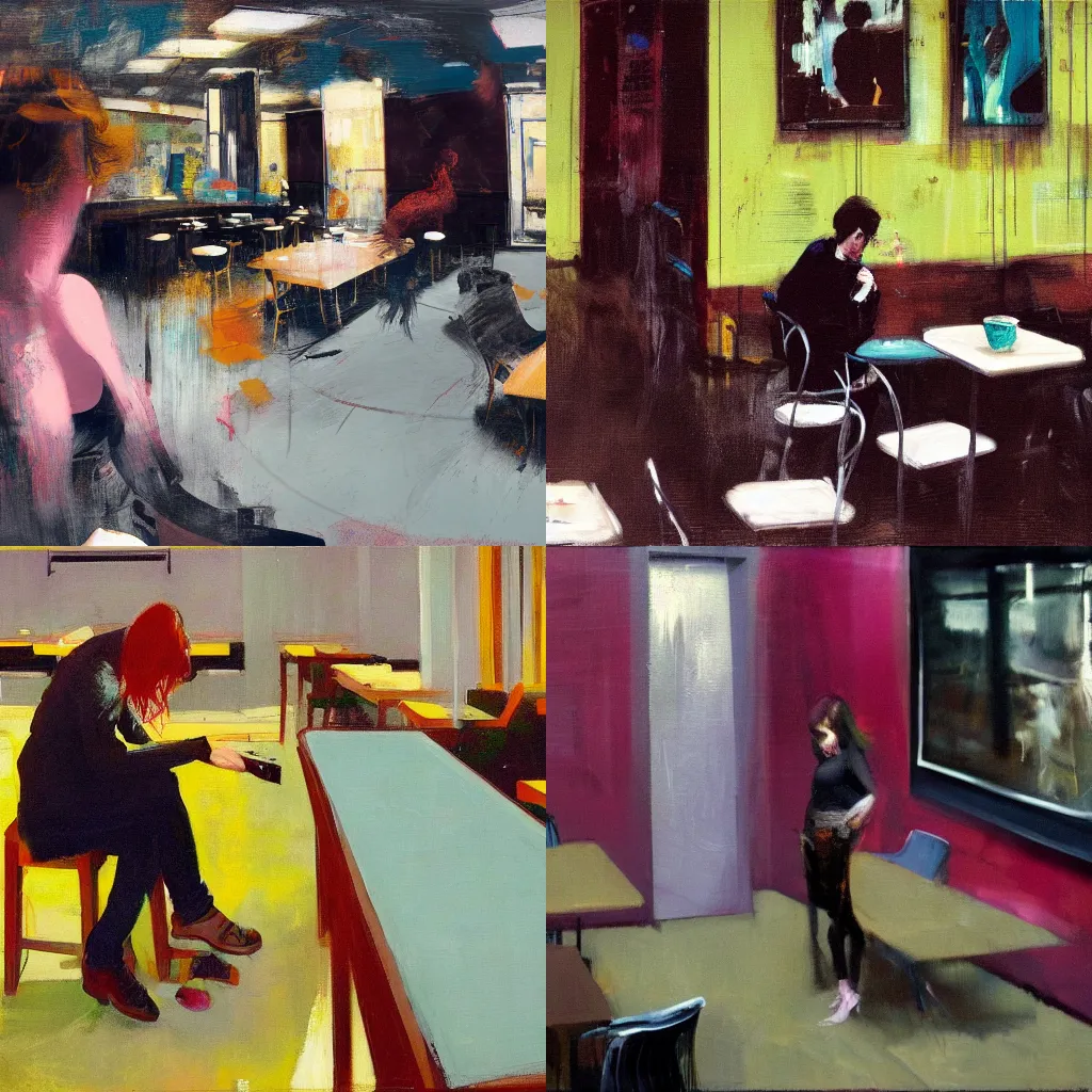 Image similar to a hot college girl spasming in a void cafe full of existential void, painted by Francis Bacon, style of Adrian Ghenie ultradetailed 8k, Brett Amory, Peter Doig