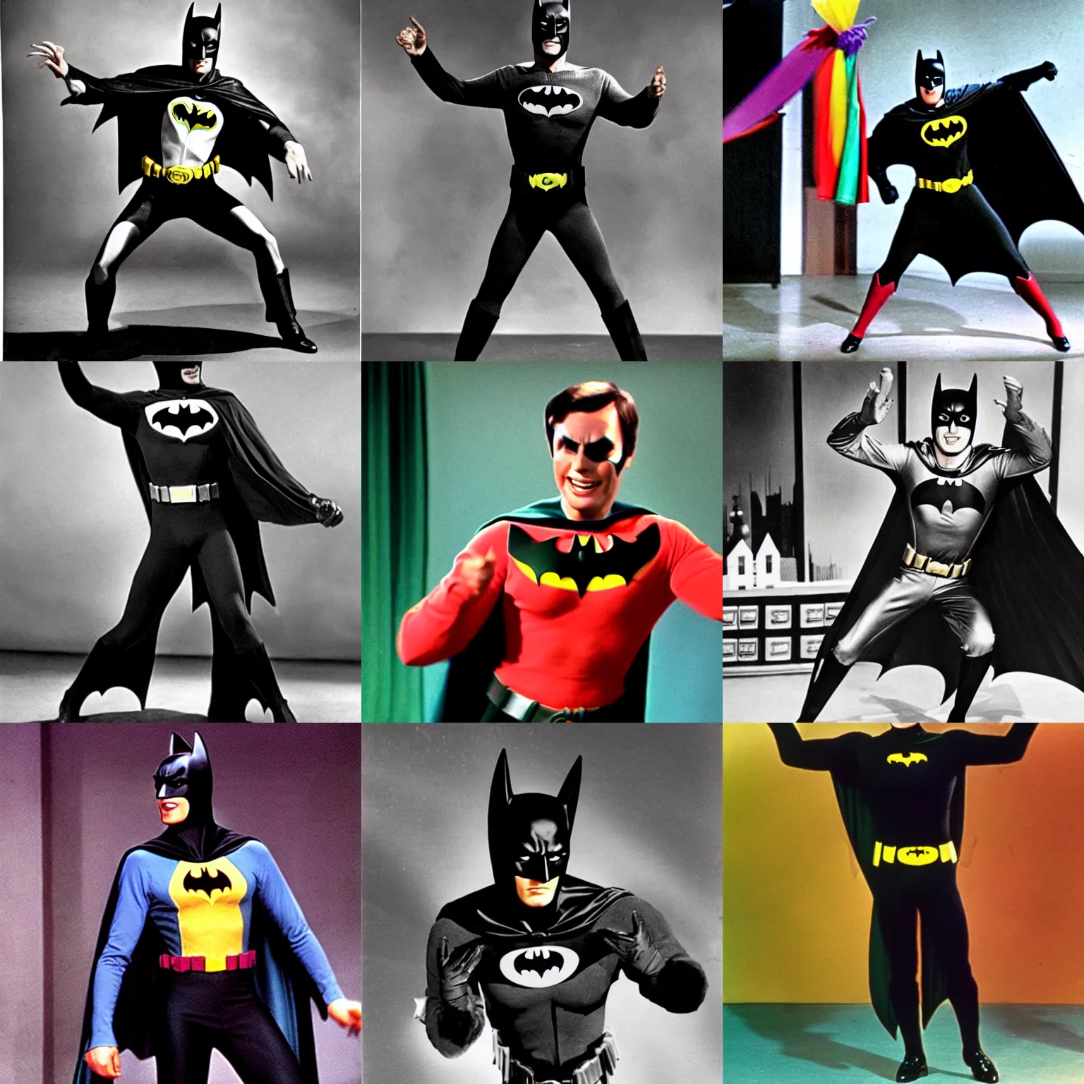 Prompt: Batman wearing a rainbow bat suit, dancing, 1960s television show, still, Adam West, happy, silly