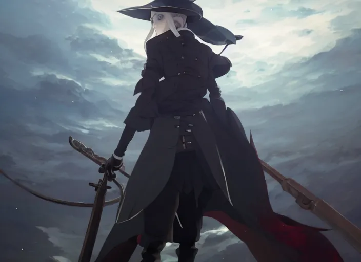 Image similar to lady maria, helm of second world war warship in background, illustration concept art anime key visual trending pixiv fanbox by wlop and greg rutkowski and makoto shinkai and studio ghibli and kyoto animation, astral witch clothes, steampunk, grimdark, volumetric lighting