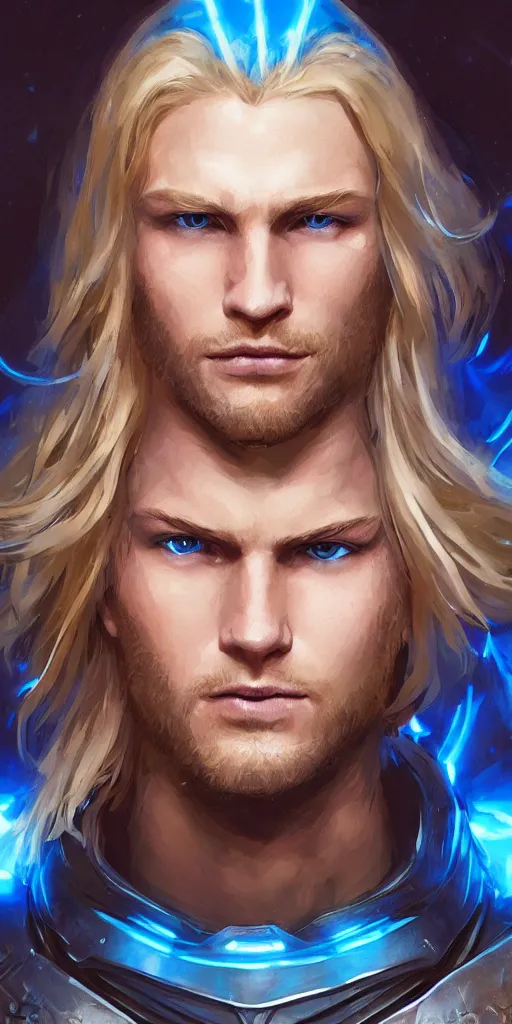 Prompt: handsome young man face, dirty blond wavy hair, glowing blue eyes, wearing armor, portrait, by artgerm, by greg rutkowski, by noah bradley, digital avedon