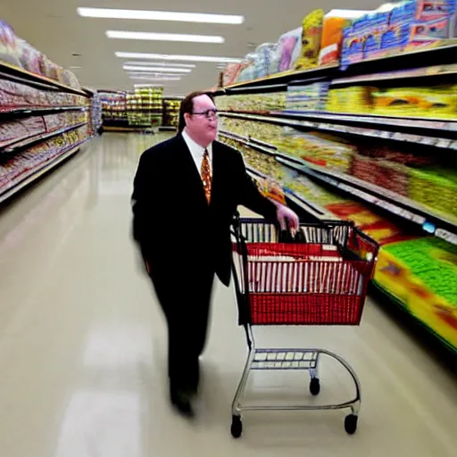 Prompt: 2 0 0 2 john lasseter wearing a black suit and necktie is in a brightly lit supermarket. he is pushing a shopping cart filled with groceries.