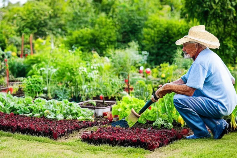 Prompt: old man wearing a straw hat looking down to the ground kneeling beside a healthy luscious beautiful vegetable garden with gardening tool leaning by his side