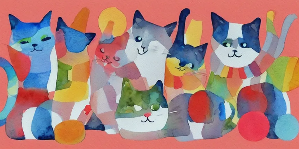 Image similar to watercolor illustration style, cute! cats!!! chose different coloured geometric toys, inspiring art