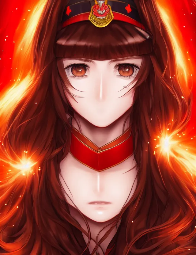 Image similar to a detailed manga portrait of a beautiful brown haired woman in a military uniform glowing with swirling red energy, trending on artstation, digital art, 4 k resolution, detailed, high quality, sharp focus, hq artwork, coherent, insane detail, character portrait