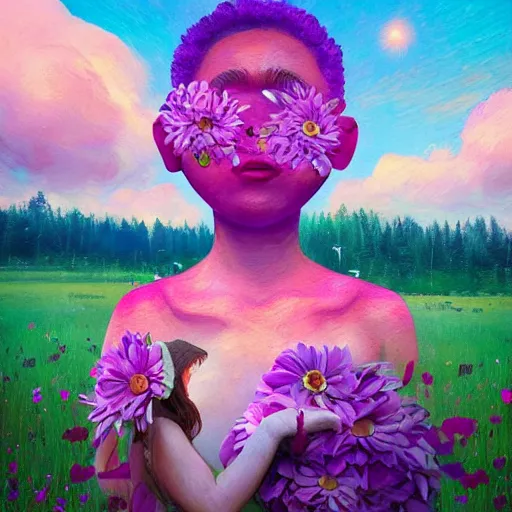 Image similar to girl with giant flower as a face, surreal photography, dream, dress made from the flower field she walks through, hills, big trees, sunrise dramatic light, impressionist painting, colorful clouds, digital painting, pointillism, artstation, simon stalenhag